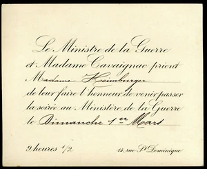 cdv Le Ministre de la Guerre & Me Cavaignac prient Mme la Colonelle Heimburger - Imagen 1 de 1