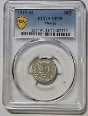 1919 Mexico 20 Centavos Silver  PCGS GOLD SHIELD VF 35  - Image 1 of 2