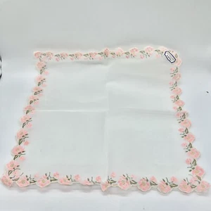 Vintage Lg White With Pink Flocked Flowers Nylon Hankie Scalloped Sticker - Picture 1 of 5