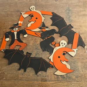 Vintage 1950s Halloween Die Cut Banner Garland Bats Witch Ghosts Decoration 80" - Picture 1 of 16
