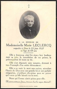 Genealogía Aviso De Defunción Señorita Marie LECLERCQ 23 De Junio De 1927 - Picture 1 of 2