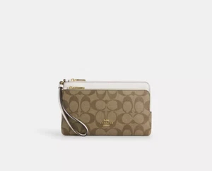 Coach Double Zip Wristlet Wallet Clutch Signature Canvas Khaki Chalk C5576 - Picture 1 of 4