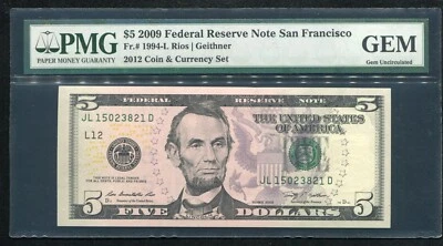 FR 1994-L 2009 $5 FRN FEDERAL RESERVE NOTE SAN FRANCISCO,CA PMG GEM UNCIRCULATED - Image 1 of 2