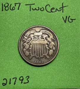 1867 Two Cent Piece VG Very Good 2c US Type Coin - Picture 1 of 3