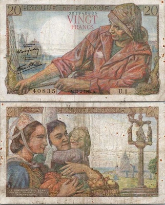 France 20 Francs 1942 FISHERMAN NOTE Pick # 100 FINE - VF - Image 1 of 2