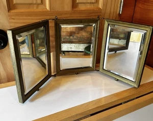 Antique Trifold Hanging Beveled Glass Barber Shaving Mirror Gold Floral Backside - Picture 1 of 11