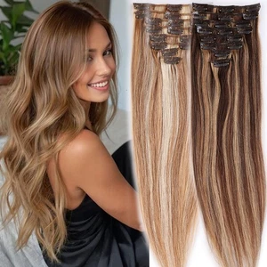 Clip de cabello humano 100 % resaltado 8 piezas en extensiones de cabello humano Remy real cabeza completa - Imagen 1 de 55