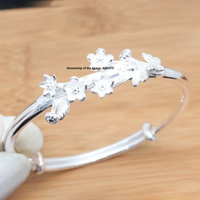 NEW Pure 999 Fine Silver Women Bangle Flower Lovely Bangle 59mm Dia. Adjustable - Image 1 of 4