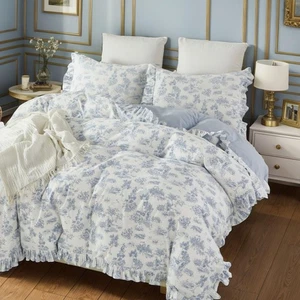 French Country Toile Queen Duvet Cover Set for Girl Bedroom Vintage Blue Toil... - Picture 1 of 7