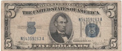 US $5 Dollar Silver Certificate 1934-C Very Fine Cond 20 Fr: 1653 "Lincoln"#263 - Image 1 of 2