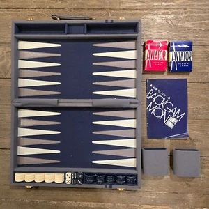 Vtg Skor-Mor Backgammon Set White blue & Grey Leather Briefcase W/Book & Manual - Picture 1 of 9