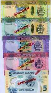 Solomon Islands Set 5 pcs 5 10 20 50 100 Dollars 2013-2019 P 33 34 Specimen UNC