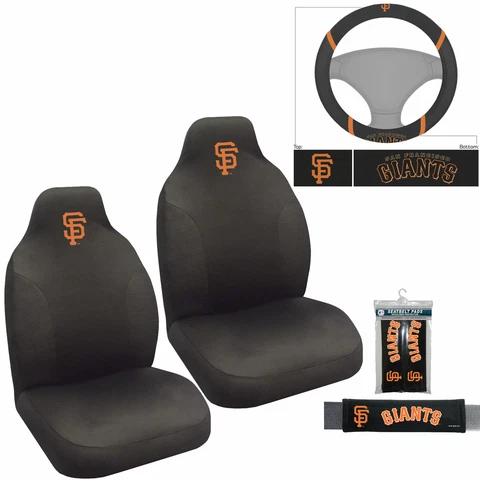 5PC MLB San Francisco Giants Car Seat Covers Steering Wheel Cover Seat Belt Pads Cover
