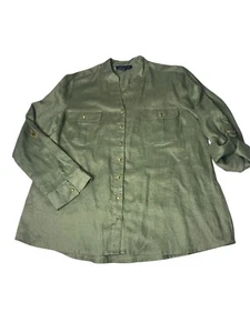 Linen Tunic Roll Tab Sleeve Sz X-LARGE 100% Linen Olive Green Tunic Shirt - Picture 1 of 10