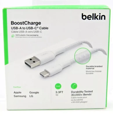 Belkin BoostCharge USB-A to USB-C Braided Cable 3.3ft 1M White In Retail Box - Image 1 of 2