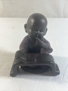 Signed Buddha Boy Figurine w/Book Violet Ceramic Earthenware 4x4x3" Statue - Picture 1 of 7