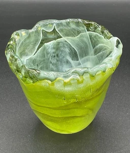 Marmoriertes Wirbelglas Spanien handaufgebrachte kalte Farbe Votivhalter 3,5 Zoll grün/weiß - Bild 1 von 8