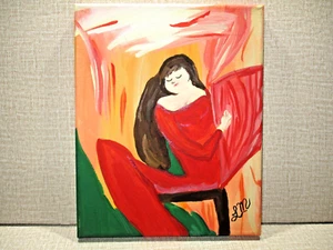 The Red Harpist Painting LM Original Handpainted 8"x10" Canvas Acrylic 1 of 1 - Picture 1 of 9