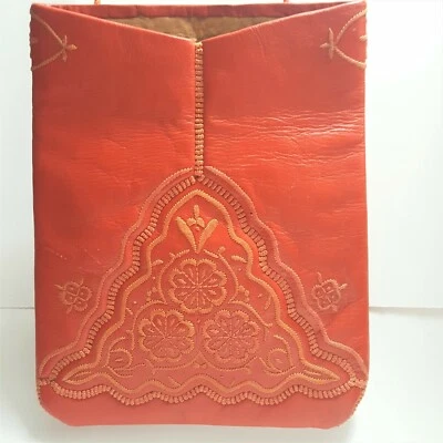 Bolsa tote de ombro bordada de couro vermelha vintage XL boho feita à mão hippie  - Imagem 1 de 4