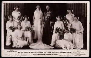 H.R.H. Duke Of York & Lady E. Bowes-Lyon Wedding Bridesmaids RP Beagles Postcard - Picture 1 of 2