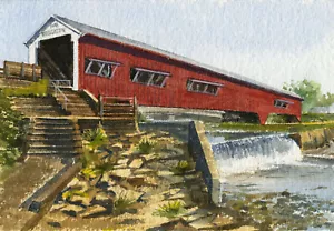 Puente cubierto y cascada Bridgeton, Indiana. Tarjetas de notas de acuarela de Gerald Hill - Imagen 1 de 2