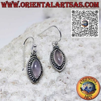 Orecchini in argento  925 ‰ con quarzo rosa a navetta e contornato da sfere - Immagine 1 di 4