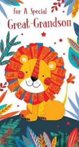 Tarjeta de cumpleaños delgada exótica naranja adorable león adorable bisnieto para un bisnieto especial - Imagen 1 de 1