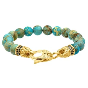 Genuine Sea Sediment Jasper Gold Stainless Steel Beaded Bracelet with Black CZ - Picture 1 of 3