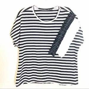 Short Sleeve Black White Stripe Casual T Shirt 12 Ruffle Stretchy Mime Parisian - Picture 1 of 6