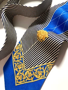 GIANNI VERSACE VINTAGE '90s BAROQUE MEDUSA HEAD TIE LOZENGE GRIDS ITALY BLUE - Picture 1 of 18