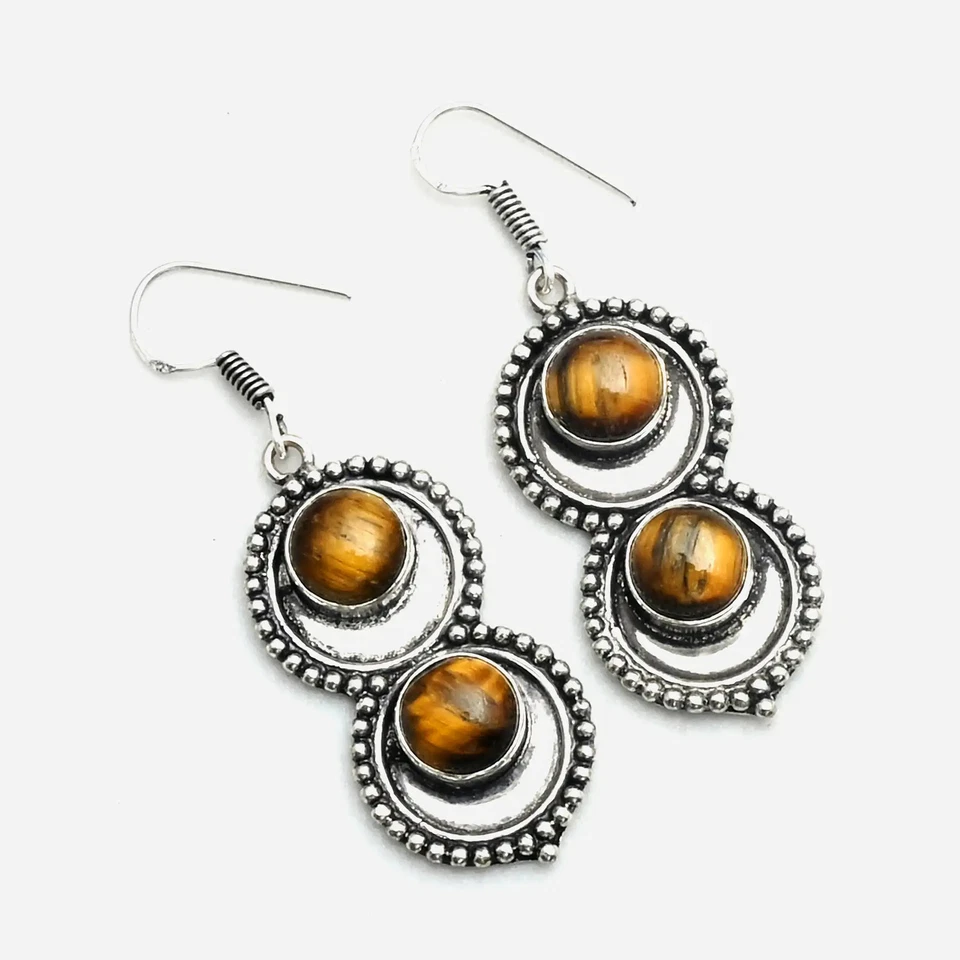 Pendientes colgantes hechos a mano con piedras preciosas ojo de tigre joyas para ella 2,2" AE-11111 Foto 1 de 1