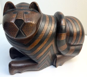 Vintage großer Vintage MCM geschnitzter Mahagoni gestreifter Tiger, Anglo-Indianer Katze 10,5 Zoll - Bild 1 von 11