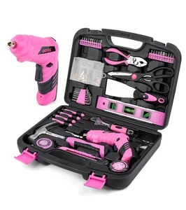 143 Pcs Pink Homeowner Tool Set with 3.6V Cordless Screwdriver General Househ... - Foto 1 di 8