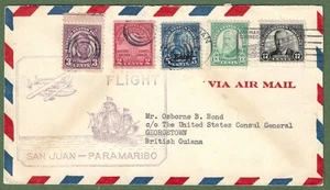 First Flight Cover. San Juan to Paramaribo, British Guiana 1929. Good Stamps. - Picture 1 of 3
