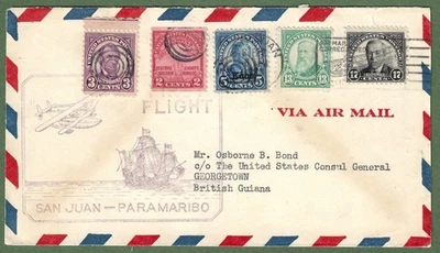 First Flight Cover. San Juan to Paramaribo, British Guiana 1929. Good Stamps. - Image 1 of 3