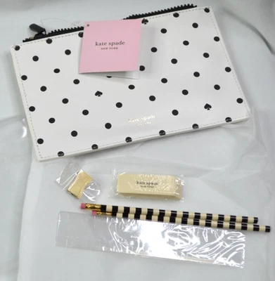NWT KATE SPADE Polka Dot Pencil Case/Pouch/Clutch w/pencils ruler eraser sharpen - Image 1 of 4