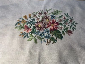 Vtg Floral Needlepoint Finished Floral Tapestry Canvas Tan ~26 x 18 upholstery - Picture 1 of 5