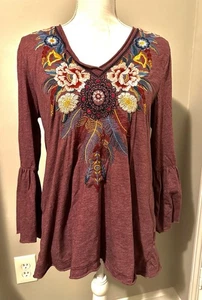 Camicia donna Johnny Was manica 3/4 ricamata floreale viola scollo a V taglia large - Foto 1 di 5