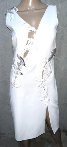 Abito da cocktail Gianni VERSACE ricamato ritaglio paillettes bianco matrimonio US 2 IT 38
