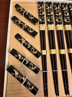 Wajima-nuri Laquered Chopsticks 5 pairs Black/Brown Crane NEW - Image 1 of 4