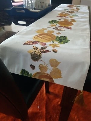 Pumpkin Fall Thanksgiving White Metallic Table Runner 16” x 70” Nicole Miller - Image 1 of 4
