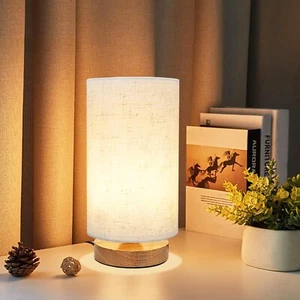 Small Bedside Table Lamp for Bedroom, Minimalist Wood Base & Round Fabric Shade - Picture 1 of 7