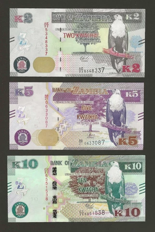 ZAMBIA 2 5 10 Kwacha 2021 + 2022, Pack Fresh UNC, New Dates, Pretty Banknotes Cover