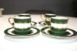 AYNSLEY  Bone China Demitasse Cup & Saucer White Green Gold Scrolls Set of 4 - Picture 1 of 7