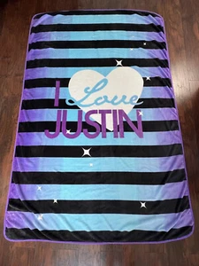 Brauado 2013 Justin Bieber Plush Blanket I Heart Justin Fan Merch Black Purple - Picture 1 of 23