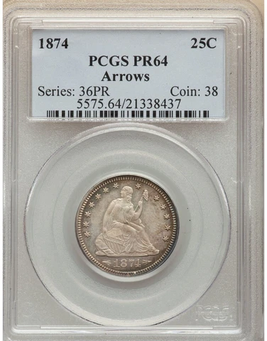 1874 Seated Liberty Quarter Graded PR64 by PCGS Cover