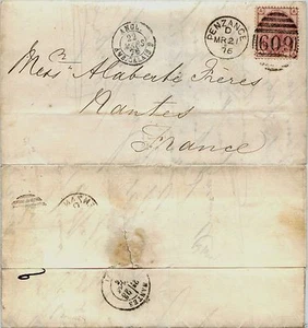 INGHILTERRA - 1876 - 3 pence (51 AAAA) - Lettera Penzance x Francia 21.3 - Picture 1 of 1