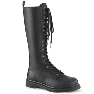 Black Military Combat 90s Punk Womans Knee High 20 Holes Lace Up Boots Demonia - Picture 1 of 2