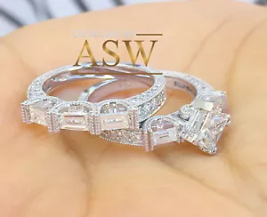 14K WHITE GOLD PRINCESS CUT SIMULATED DIAMOND ENGAGEMENT RING AND BAND SET 2.50 - Picture 1 of 5