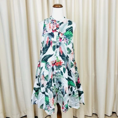 Witchery Womens A-Line Dress Linen Tropical Floral Tiered Button Up Size 10 - image 1 of 4